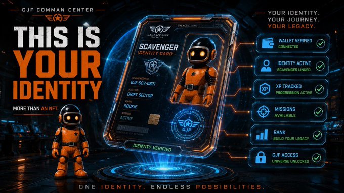A promotional graphic for 'GJF COMMAND CENTER' featuring an astronaut figure and 'SCAVENGER IDENTITY CARD' with features like wallet verification and identity active.