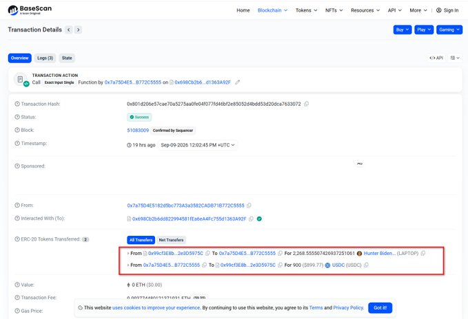 A BscScan transaction details page shows an 'Exact Input Single' function transaction involving 2,268.555561426937251061 Hunter Biden (LAPTOP) tokens and 900 ($899.77) USDC transfers, confirmed by Sequencer on Sep-09-2026.