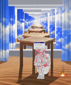 A surreal, recursive digital artwork showing a room with cloud-patterned wallpaper extending into infinite depth, with a complex wireframe figure standing in the foreground.