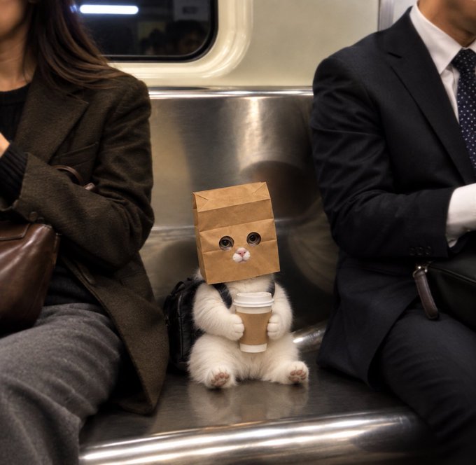 A small white cat sits on a subway seat between two formally dressed commuters, wearing a brown paper bag over its head with eye and mouth cutouts, while holding a coffee cup in its paws. The playful, anthropomorphized scene evokes a relatable "Monday morning commute" vibe that aligns with the brief "zm" caption, suggesting a lighthearted take on tired urban life.