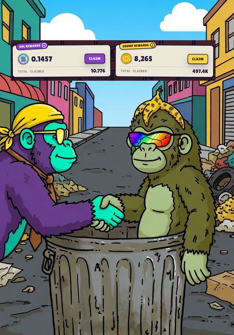 Colorful cartoon scene of two monkeys—one purple with a yellow bandana, one green wearing a banana hat and rainbow sunglasses—shaking hands over a trash can, with reward panels showing 'SOL REWARDS 0.1457' and 'SOMP REWARDS 8,265' at the top.