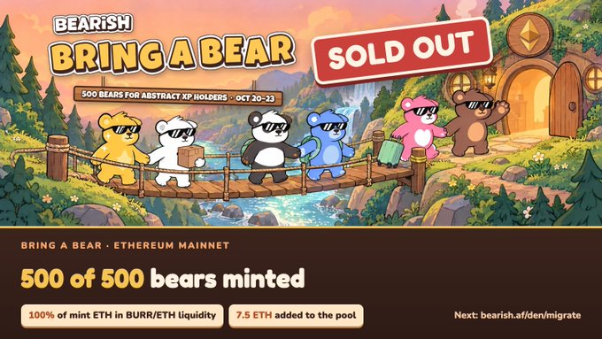 Promotional banner for “Bearish: Bring a Bear,” marked “SOLD OUT,” with six cartoon bears crossing a bridge toward a cabin. It states that 500 of 500 bears were minted on Ethereum mainnet, with 100% of the 7.5 ETH mint proceeds added to BURR/ETH liquidity.