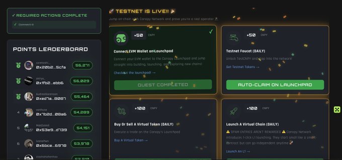 The image shows the Canopy (CNPY) testnet dashboard with a "Points Leaderboard" displaying user rankings and points totals (with top scores around 56,271), alongside available tasks like connecting an EVM wallet (+60 CNPY), using the Testnet Faucet (+50 CNPY), buying a virtual token (+120 CNPY), and launching a virtual chain (+100 CNPY). This relates to the post by promoting Canopy Network's testnet opportunities and encouraging users to start earning CNPY points before broader FOMO drives higher competition.