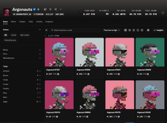 A dark-themed e-commerce webpage for 'Argomauri' displaying a grid of pixel-art toy figures with robotic designs in pink, blue, and grey colors against red and green backgrounds.