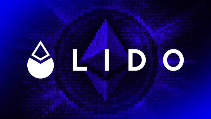 Logo for 'LIDO' displayed in white text against a dark blue background featuring an Ethereum symbol and binary code patterns.