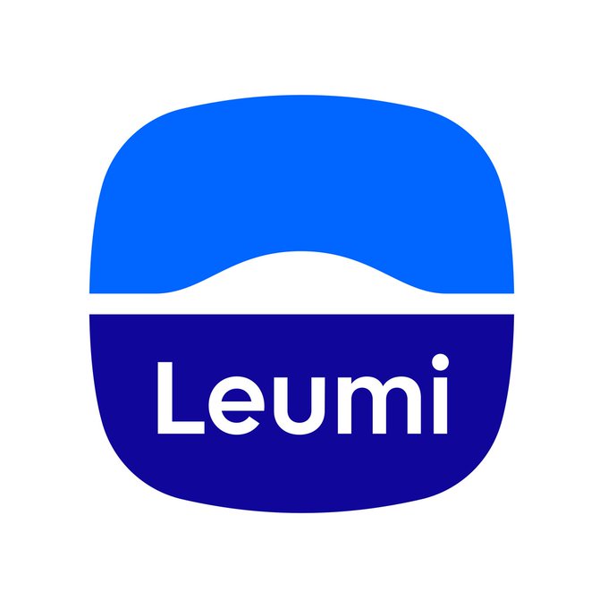 The image displays the Bank Leumi logo, featuring a blue rounded square design with the text "Leumi" in white. This relates to the news about Bank Leumi, Israel's largest bank, partnering with Galaxy to enable cryptocurrency trading through its Leumi Trade app.