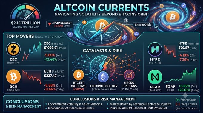 An infographic titled 'ALTCOIN CURRENTS: NAVIGATING VOLATILITY BEYOND BITCOIN'S ORBIT' displaying a global market cap of $2.15 Trillion and highlighting top movers including ZEC (Rank #10) at $1099.91, BCH (Rank #27) at $227.47, HYPE (Rank #11) at $79.87, and NEAR (Rank #37) at $2.49.