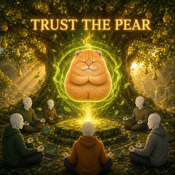 A fantasy-style digital artwork titled 'TRUST THE PEAR' depicting a floating, glowing, meditating hamster-cat creature surrounded by figures in hoodies sitting in a lotus position under a pear tree with trading charts on their laptops.