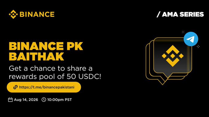 A promotional graphic for Binance's 'AMA Series' titled 'BINANCE PK BAITHAK,' offering a chance to share a 50 USDC rewards pool, scheduled for Aug 14, 2026, at 10:00pm PST, with a Telegram link.