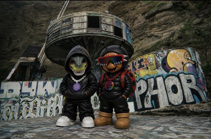 Two stylized cartoon figures in streetwear—one resembling a dinosaur in a hoodie, the other wearing sunglasses and a ladybug-themed outfit—stand in front of a graffiti-covered concrete structure.