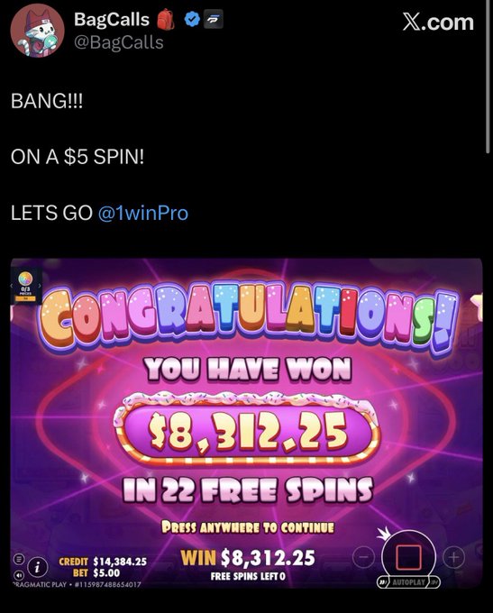 A tweet from @BagCalls celebrates winning $8,312.25 on a $5 spin with @1winPro, showing a 'CONGRATULATIONS! YOU HAVE WON' slot machine screen.