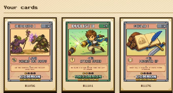 A digital card collection screen showing three cards: "HEXBREAKER I" (Common), "DUELIST II" (Uncommon), and "SCHOLAR I" (Common).