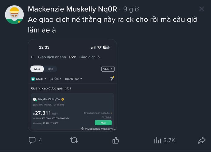 A Vietnamese social media post by user 'Mackenzie Muskelly' complaining about transaction issues, showing a screenshot of a P2P trading screen for USDT with a rate of 27,311.