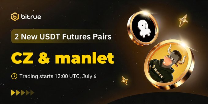 Bitrue promotional graphic announcing 2 new USDT futures pairs for $CZ and $manlet, with trading starting at 12:00 UTC on July 6, featuring the Bitrue logo and stylized coin illustrations of the two tokens.