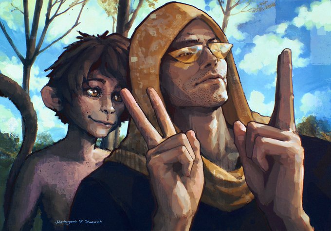A young monkey-like creature and a hooded figure in sunglasses pose together with peace and rock-on hand gestures against a bright blue sky, with artist signatures "Ubichill" and "Stoorm" visible in the bottom left. The image ties to the post's congratulatory message by visually representing the @MonkeyHoodNFT community and its "sold out" success.