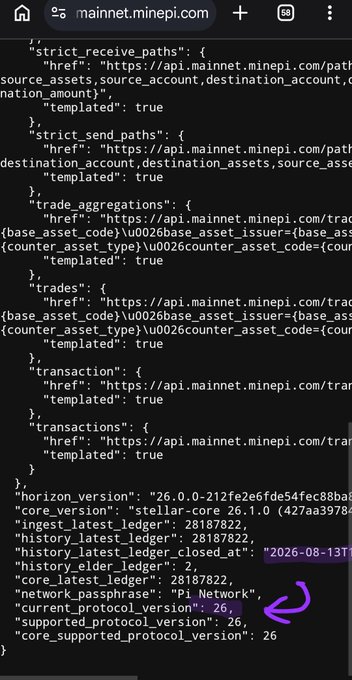 A mobile browser screenshot displays a JSON response from mainnet.minepi.com showing API endpoint paths and core network parameters, including "horizon_version": "26.0.0-212fe2e6fde54fec88ba..." and "supported_protocol_version": 26, with a hand-drawn arrow pointing to the "supported_protocol_version": 26 field, confirming Pi Mainnet's successful Protocol v26 upgrade.