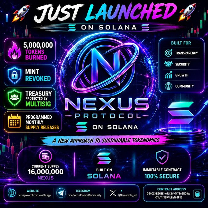 The image features a poster or flyer for Nexus Protocol A, which is being launched on Solana. The poster includes various colorful illustrations of different elements related to the project, such as tokens burned, minted authority, and a transparent project built for long-term growth. It also highlights the 5,000,000 tokens burned, the authority revoked, and the authority minted. Additionally, there is information about the public roadmap and ecosystem, which are essential aspects of any blockchain or cryptocurrency project. The image focuses on these elements to provide a clear understanding of the Nexus Protocol A launch event for Solana.