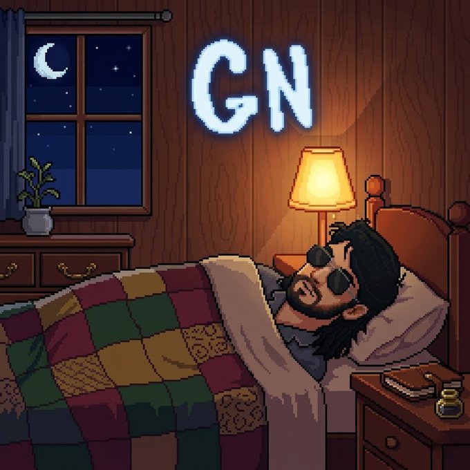 Pixel art illustration of a bearded man wearing sunglasses sleeping in a bed at night, with a glowing "GN" (good night) text displayed on the wall above him.
