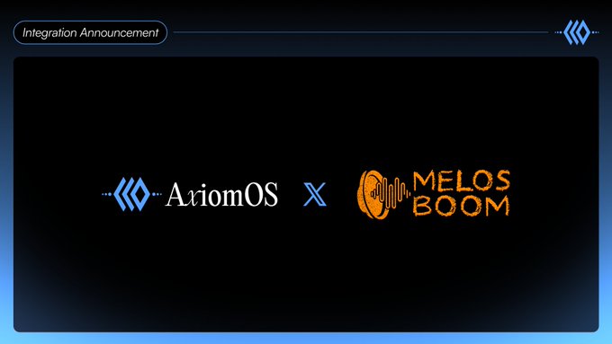 A digital banner titled 'Integration Announcement' displays the logos for AxiomOS and MelosBoom separated by an 'X'.