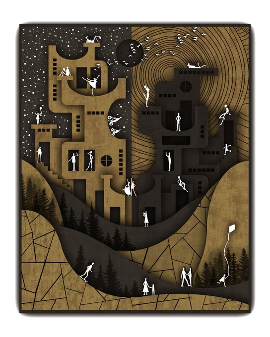 The image features a black and white illustration of people standing around a building, possibly a castle or a tower. The scene includes various individuals engaged in different activities such as playing with kites, flying kites, and interacting with each other. The artwork is displayed on a poster board, which has the text "GN Fam wake me up tomorrow with auction 1/1 $XTZ". This suggests that there might be an event or gathering related to the illustration taking place soon.