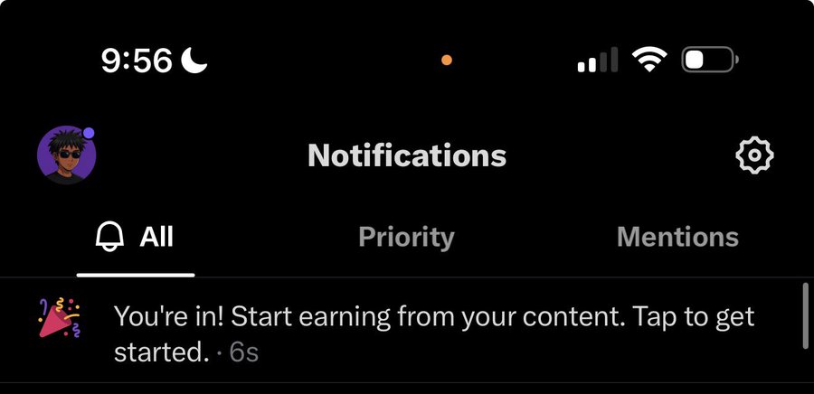 A phone notifications screen displays a message at 9:56 PM reading "You're in! Start earning from your content. Tap to get started. · 6s" from a party popper icon, confirming that the user's appeal was successful and they are now eligible to monetize their content.