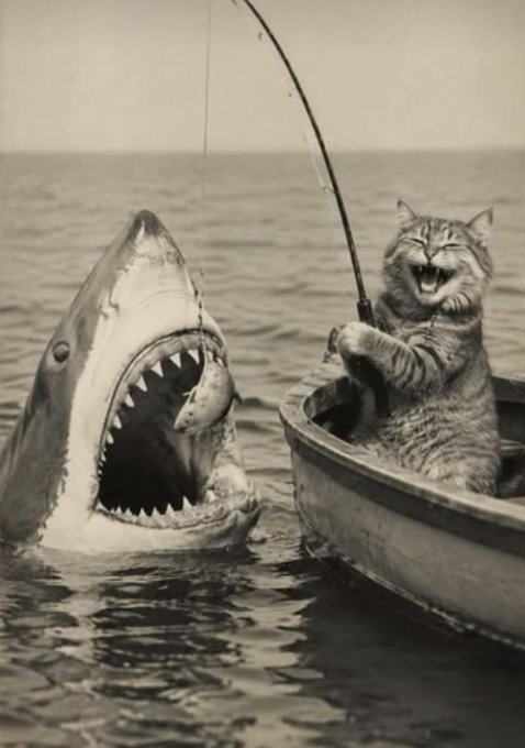 A black and white surreal photograph showing a tabby cat standing in a small boat holding a fishing rod, facing a great white shark emerging from the water with open jaws.