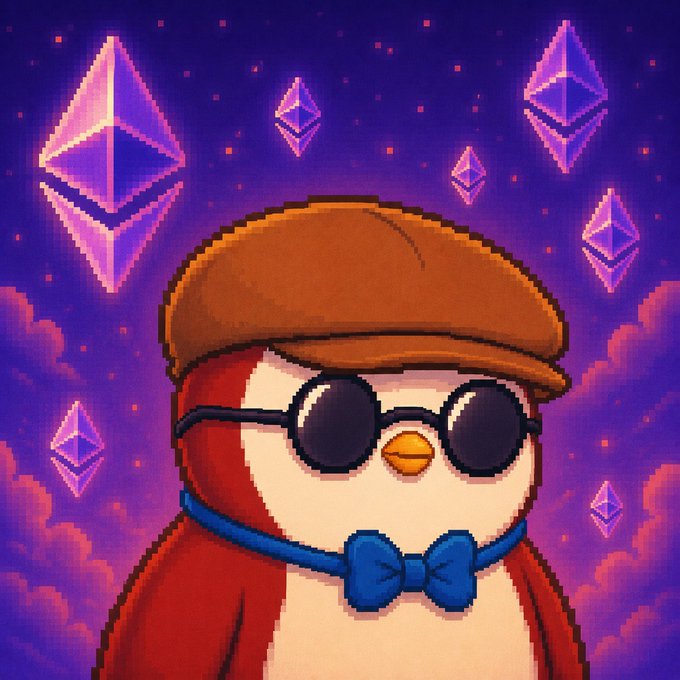 A pixel-art penguin wearing a brown cap, round sunglasses, and a blue bowtie is centered against a cosmic purple sky filled with floating Ethereum (ETH) logos, visually reinforcing the post's theme that only "hollow" (empty/empty-set) NFTs can save Ethereum's NFT ecosystem.