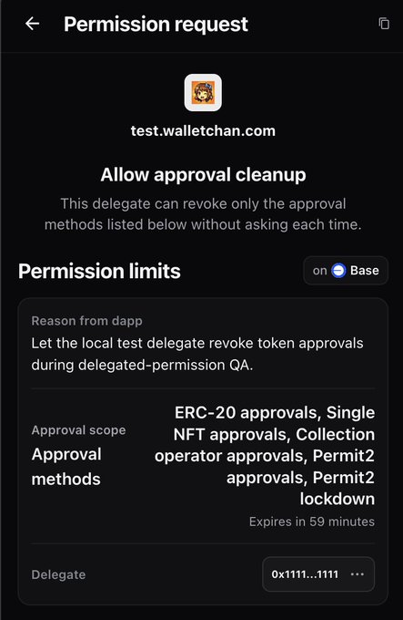 A mobile permission request screen from test.walletchan.com titled "Allow approval cleanup" on the Base network, listing approval methods including ERC-20 approvals, Single NFT approvals, Collection operator approvals, Permit2 approvals, and Permit2 lockdown, expiring in 59 minutes.