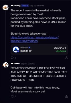 A Discord message in the #thesis channel discusses market news, mentioning Robinhood's synthetic stock pairs, blockchain world takeover day, and includes a link to Brian Armstrong's tweet about Bluechip, along with another post noting a five-year tokenized stocks exemption for Coinbase.