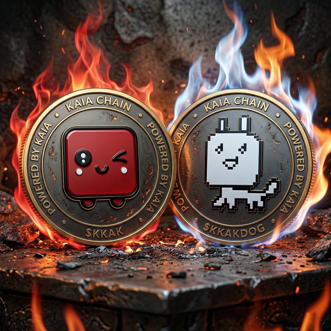 Two digital coins featuring cartoon characters (a red square and a white cat) with text 'KAIA CHAIN', 'POWERED BY KAIA', '$KKAK', and '$KKAKDOG' surrounded by flames.