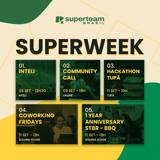 Promotional graphic for "SUPERWEEK" by Superteam Brasil, listing five events: an Inteli workshop (Sept 9, 12:30 PM), Community Call (Sept 9, 6 PM), Hackathon Tupã (Sept 11, 10 AM), Coworking Fridays at Solana House (Sept 11, 1 PM), and a 1-year anniversary STBR BBQ at Solana House (Sept 11, 7 PM), matching the post's schedule of builder-focused events across Wednesday and Thursday.