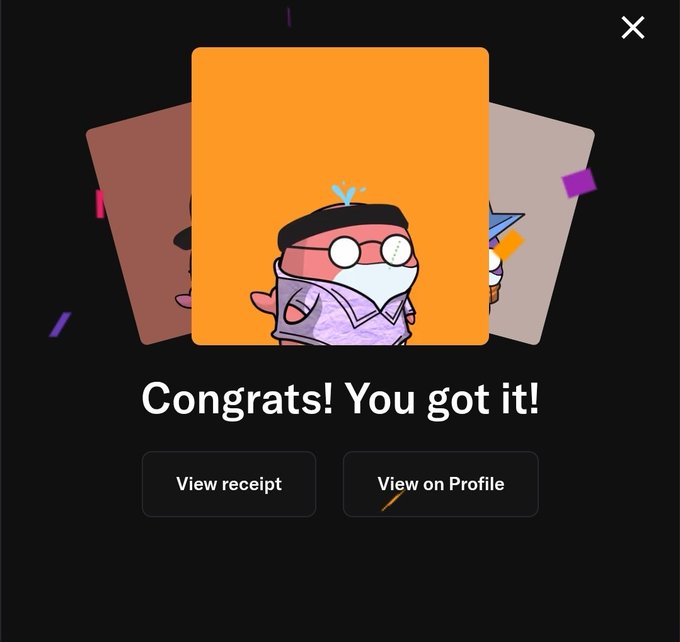A dark app screen displaying 'Congrats! You got it!' above a cartoon NFT character wearing glasses and a black headband, with buttons to view receipt or profile.