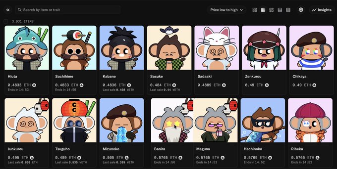 A screenshot of an NFT marketplace displaying a collection of cartoon monkey characters with names and prices, including 'Hiuta', 'Sachihime', 'Kabane', 'Sasuke', 'Sadaaki', 'Zenkurow', 'Chikaya', 'Junkuro', 'Tsugaho', 'Mizunoko', 'Banira', 'Meguna', 'Hachinoko', and 'Ribeka', with prices around 0.48-0.5765 ETH.
