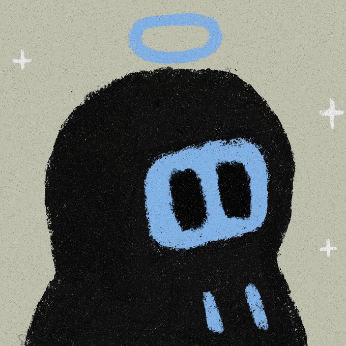 A minimalist illustration of a black figure with a blue skull-like face, a blue halo above its head, and blue drips, set against a grey background with small white stars.