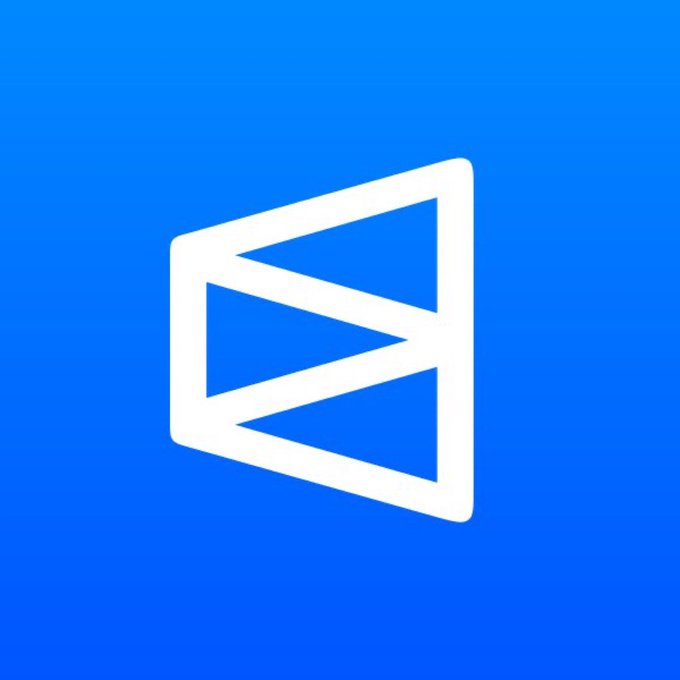 A minimalist white geometric logo resembling an hourglass or 'W' shape set against a solid bright blue background.
