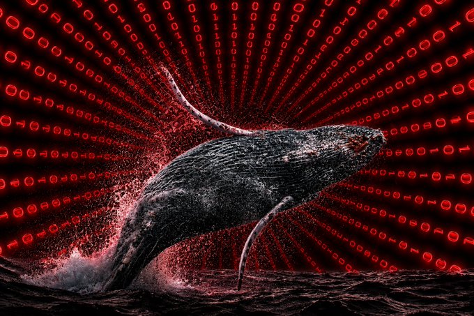 A massive humpback whale breaches through a sea of red binary code and falling 0s, symbolizing a crypto whale whose wallet has been drained of $25.6M—converted into 20M DAI and 3,000 ETH—following a prior $24.2M phishing loss in 2023.