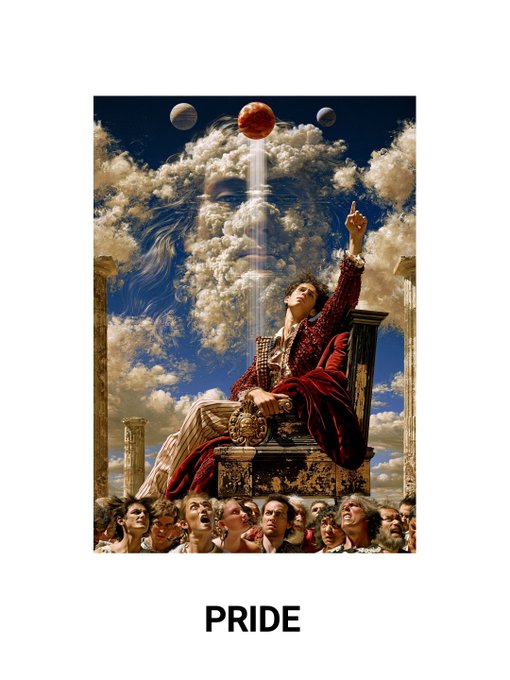 A surreal, classical-style painting titled 'PRIDE' depicting a robed figure seated on a throne pointing upward toward planets, with a ghostly face emerging from the clouds above and a crowd of faces looking up from below.