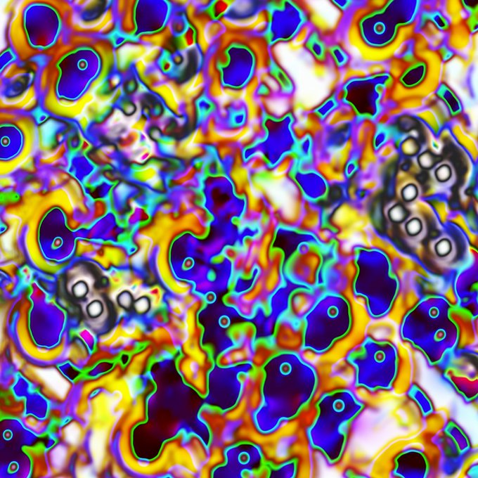 A vibrant, abstract image composed of swirling, multicolored shapes that resemble a thermal map.