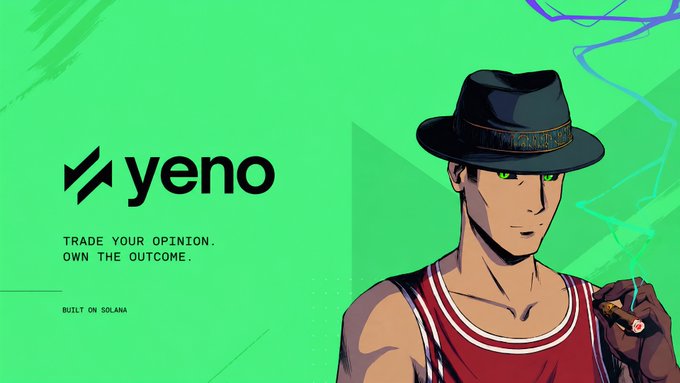 A promotional graphic for "yeno" features an anime-style man in a red tank top and black hat smoking against a green background, with the tagline "TRADE YOUR OPINION. OWN THE OUTCOME." and "BUILT ON SOLANA" visible.

The image aligns with the post by visually representing Yeno Markets' concept of trading opinions—the confident, knowing expression of the character mirrors the casual certainty of having daily opinions about outcomes, while the tagline directly reinforces the platform's core promise described in the text.