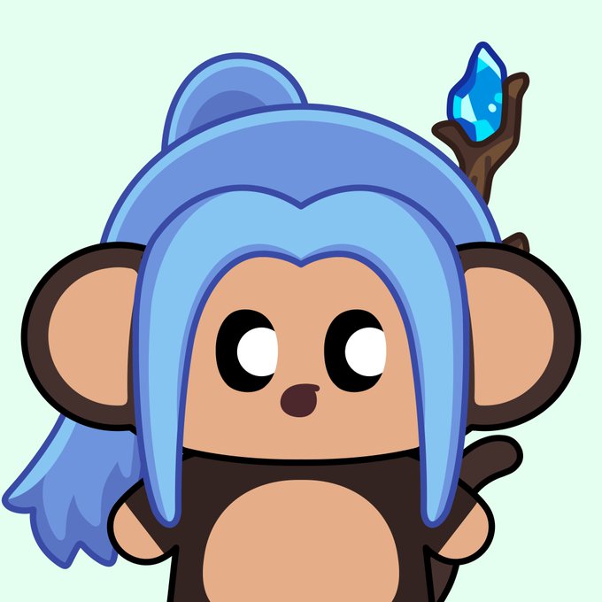 A cartoon-style illustration of a cute brown monkey character with large round ears, wearing a blue hood or helmet, set against a light mint green background.