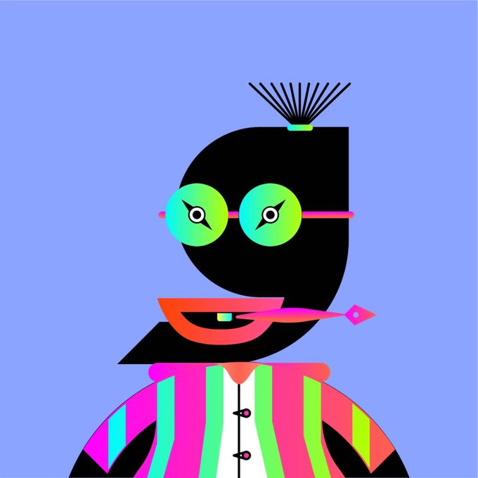A vibrant, pop-art style digital illustration features a whimsical character with a black head, a spiky tuft of hair, and oversized neon green glasses with star-shaped pupils, set against a periwinkle blue background. The character's bright, candy-colored striped outfit and overall playful, eccentric aesthetic visually echo the "Ink Pop Mint" announcement, capturing the colorful, collectible art vibe of the NFT drop.