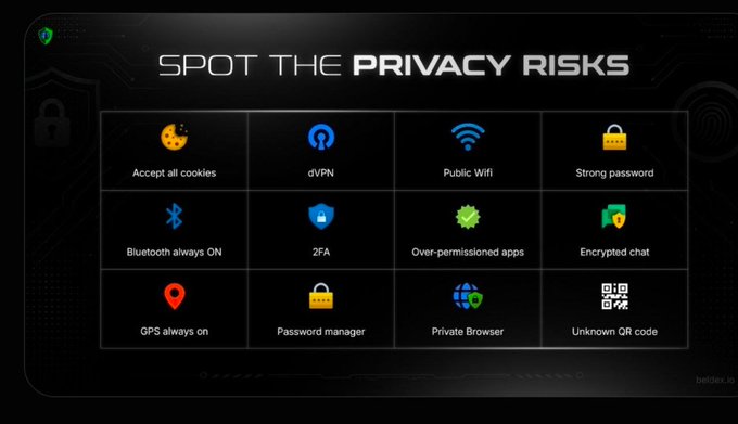 A graphic titled 'SPOT THE PRIVACY RISKS' displays 12 privacy-related icons in a grid, including 'Accept all cookies', 'dVPN', 'Public Wifi', 'Strong password', 'Bluetooth always ON', '2FA', 'Over-permissioned apps', 'Encrypted chat', 'GPS always on', 'Password manager', 'Private Browser', and 'Unknown QR code'.