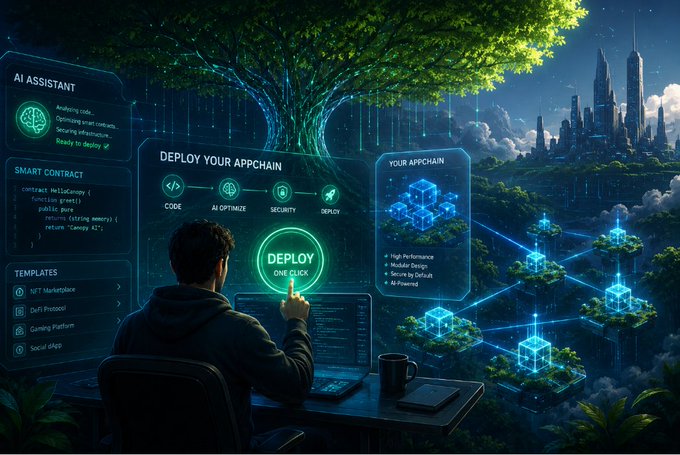 A digital art piece showing a person deploying an 'AppChain' with a 'DEPLOY' button, alongside floating UI panels for 'AI ASSISTANT', 'SMART CONTRACT', and 'TEMPLATES'.