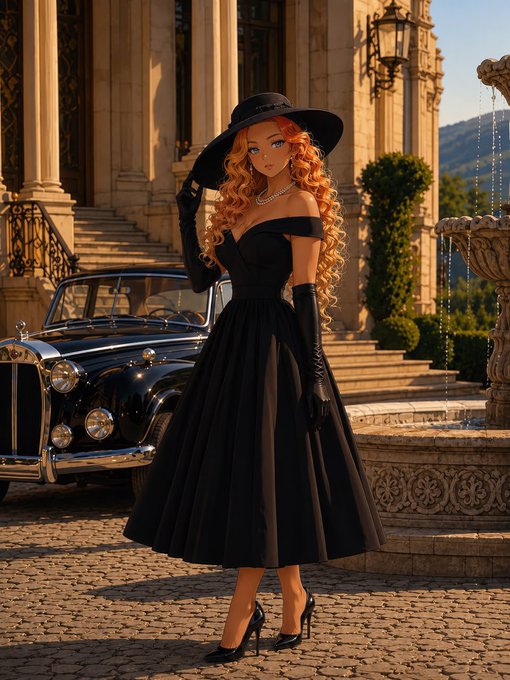 A stylish anime-style illustration depicts a glamorous woman in an elegant black off-shoulder dress and wide-brimmed hat posing in front of a vintage Rolls-Royce and an ornate European estate, capturing the luxurious, high-stakes aesthetic referenced in the post's mention of a wedding stream and giveaways.