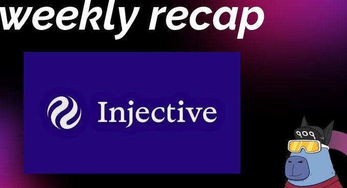 The image features a cartoon cat wearing sunglasses, standing against a purple background. The cat appears to be looking at something off-camera, possibly an email or a message related to the weekly recap posted below. The caption for the image reads "It'S a new week ninja' let's run a quick recap of what happened over the week on @injective ecosystem there'so much shipping daily on Injective ecosystem and last week was another week packed with interesting updates".