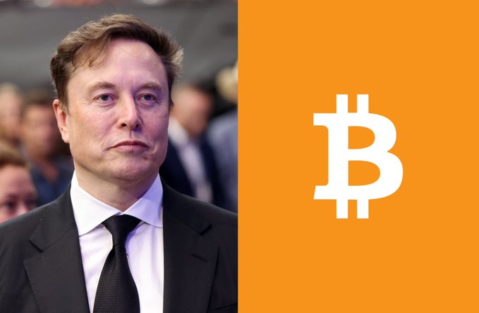 The image is a split graphic featuring Elon Musk on the left in a suit and tie, paired with the orange Bitcoin logo on the right, visually representing the context of the post about the hypothetical combined BTC holdings of Tesla (11,509 BTC) and SpaceX (18,712 BTC) totaling 30,221 BTC if the companies merge.