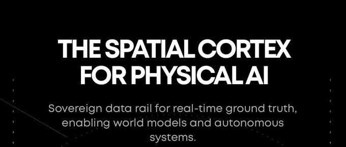 The image displays a black background with bold white text reading "THE SPATIAL CORTEX FOR PHYSICAL AI" followed by a subtitle: "Sovereign data rail for real-time ground truth, enabling world models and autonomous systems."

The image appears to be promotional/branding material for VanGrid, positioning the platform as infrastructure for physical AI and autonomous systems that can dispatch human agents to gather real-world spatial data on demand.