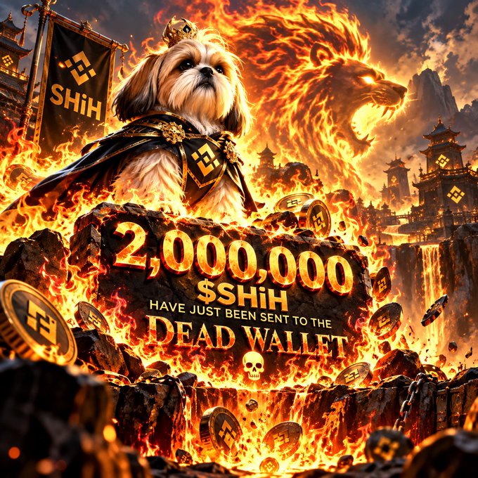 A fantasy-themed digital illustration featuring a small dog wearing armor and a crown, with text reading '2,000,000 $SHiH HAVE JUST BEEN SENT TO THE DEAD WALLET' set against a fiery background.
