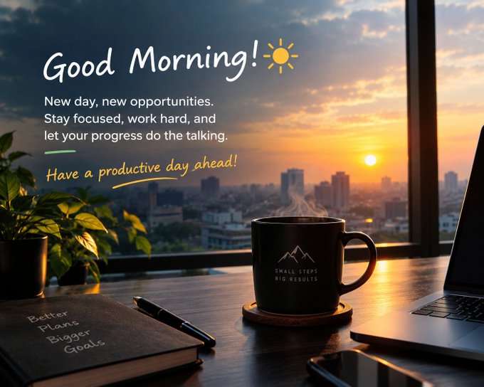 A motivational Good Morning image showing a desk with a steaming mug labeled 'Small Steps Big Results', a notebook reading 'Better Plans Bigger Goals', and a laptop against a sunrise city skyline, with text: 'New day, new opportunities. Stay focused, work hard, and let your progress do the talking. Have a productive day ahead!'