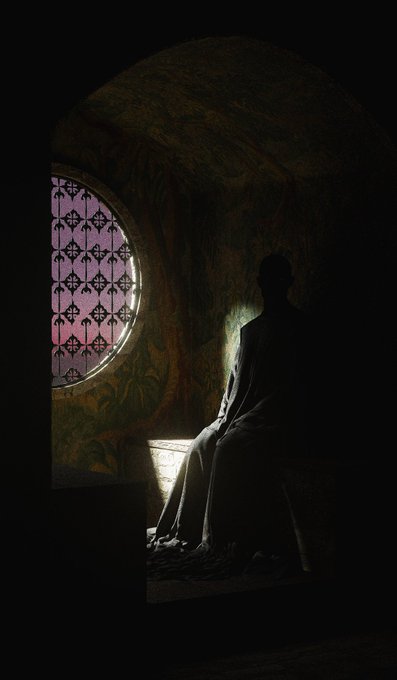 A silhouette of a person sitting on a ledge looking out a circular window with pink light filtering through ornate metalwork, set within a dark, moody interior.